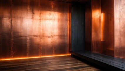 Empty copper wall. Dark amber and black wooden surface. Background for product presentation in a rustic mood and tone. Luxury backdrop for product display.