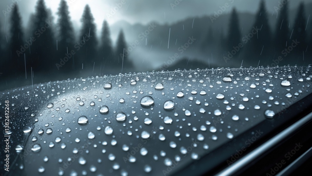 Poster rain and dew drops on the vehicle's glass window during rainfall. dew forms from moisture due to con