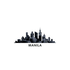 Fototapeta premium Manila panorama, vector badge, skyline logo and icon. Philippines capital city horizon logotype with landmarks and building silhouettes. Isolated foggy abstract gradient graphic