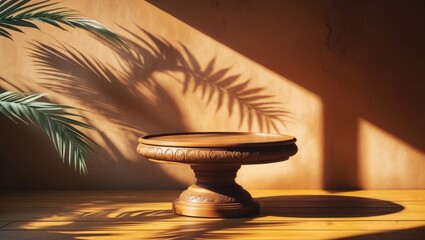 Empty podium on wooden table casting palm shadows on wall background. Luxury beauty product display design mockup.