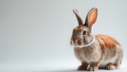 Fototapeta premium Rabbit gazing at the camera with curiosity, set against a white background.