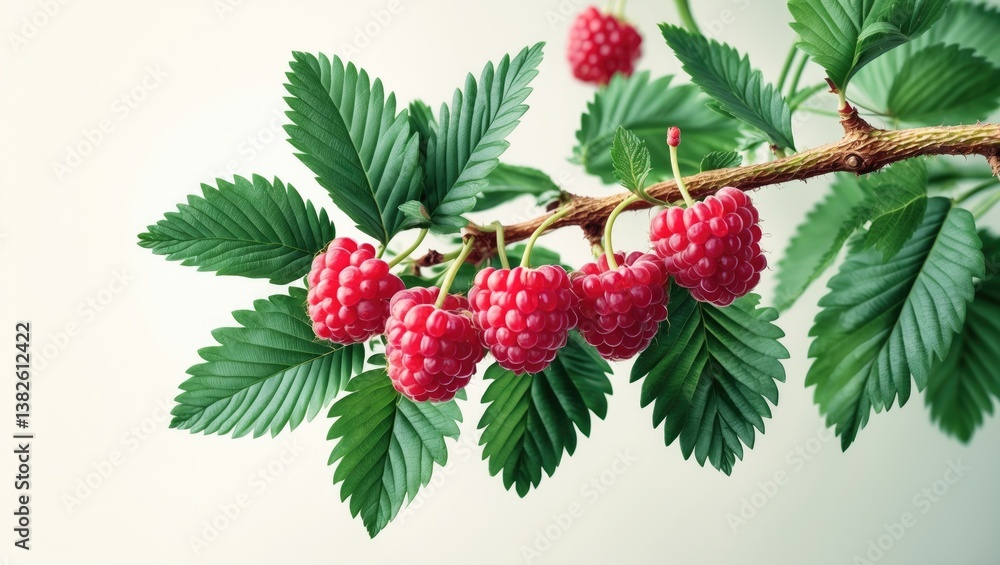 Poster raspberry branch with leaves detached on background