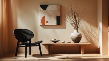 Warm and inviting arrangement of living room decor featuring a mockup poster frame, wooden console table, bowl, rattan chair, blanket, vase with branches, and personal items. Home decor.