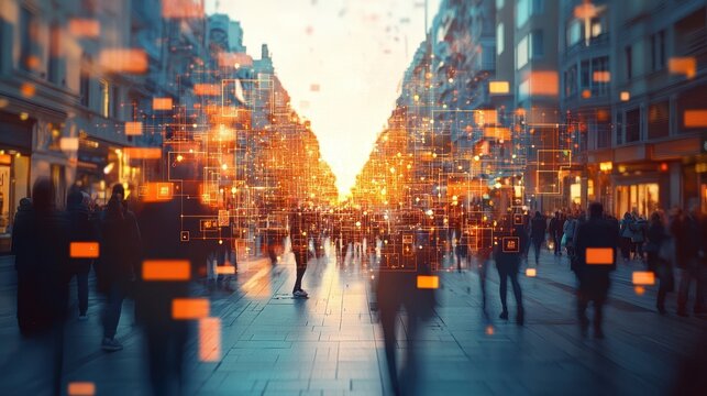 A bustling urban street scene at sunset, featuring blurred pedestrians and a digital overlay that adds a modern, high-tech ambiance to the lively atmosphere.