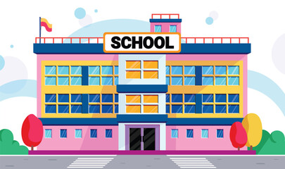 School building drawing clipart design. University colorful classroom clip art with roof top educational schoolhouse college institution flat elements vector illustration.
