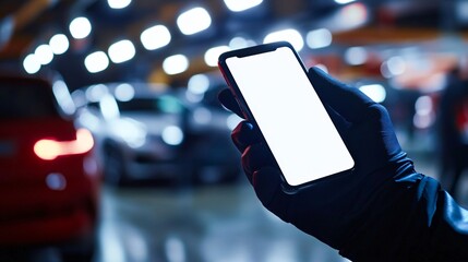 Hand Holding Smartphone in Dimly Lit Parking Garage at Night