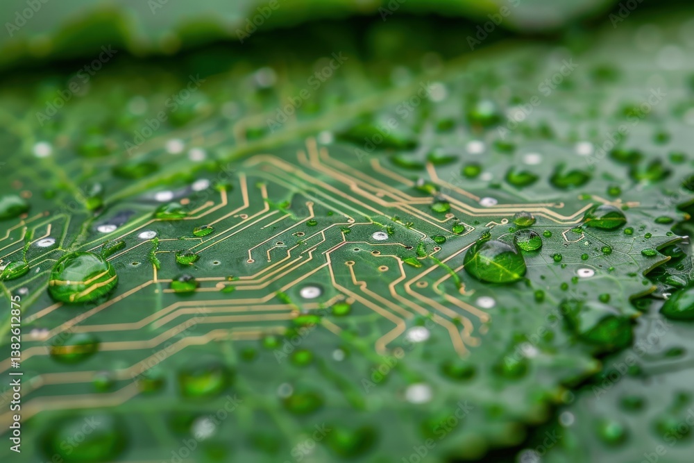 Poster a close-up of a leaf with raindrops, featuring a circuit board pattern, symbolizing the fusion of na