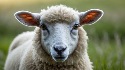 Fototapeta premium Face of a lamb gazing at you against a vibrant green background.