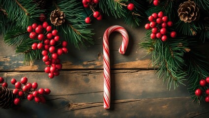 Festive fir tree on a wooden surface with space available for your text.