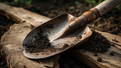 Dirty shovel in new soil. Deep pit in the ground. Rusty old tool for construction. Digging deep ditches and holes.