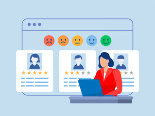 Customer feedback concept,woman use smart phone for Credit score or satisfaction measurement, customer satisfaction level emoji level. feedback star rating with good and bad emotions. vector 