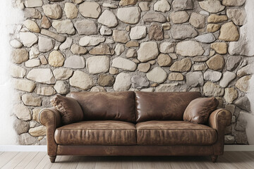 Leather Sofa in Rustic Room with Stone Wall Interior Design