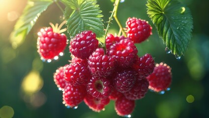 Raspberry fruit growing in a wild garden - food forest. Tasty red berry, sweet soft fruit.