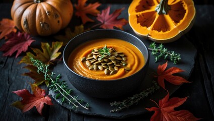 Pumpkin soup featuring pumpkin and autumn leaves, arranged flat. Set against a black stone backdrop. Viewed from above.