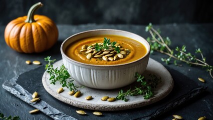 Pumpkin soup featuring thyme herb, cream, and pumpkin seeds presented in a bowl, viewed from above.