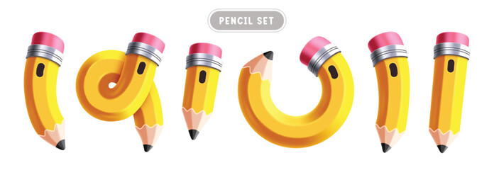 Pencil yellow elements clipart set. School 3d pen for drawing and writing items clip art collection in curve and spiral shape educational wooden object vector illustration.
