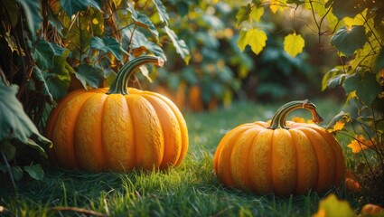 Pumpkins in a garden setting surrounded by green leaves.