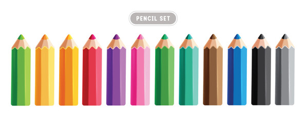 Colorful color pencil elements clipart set. School multicolored pen icon clip art collection for educational drawing tool and art materials realistic elements vector illustration.
