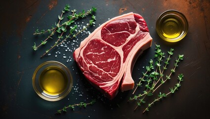 Raw T-bone Steak with fresh herbs and oil on a dark rust metal surface, overhead view, space for text, horizontal