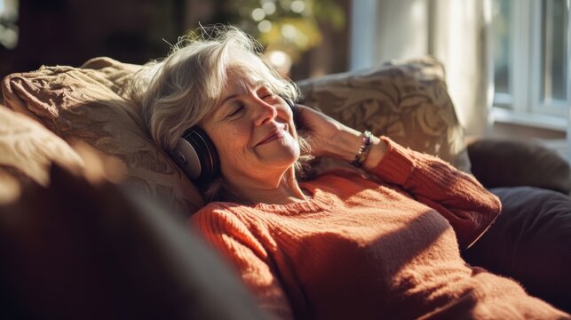 senior woman relaxing on couch listening to music