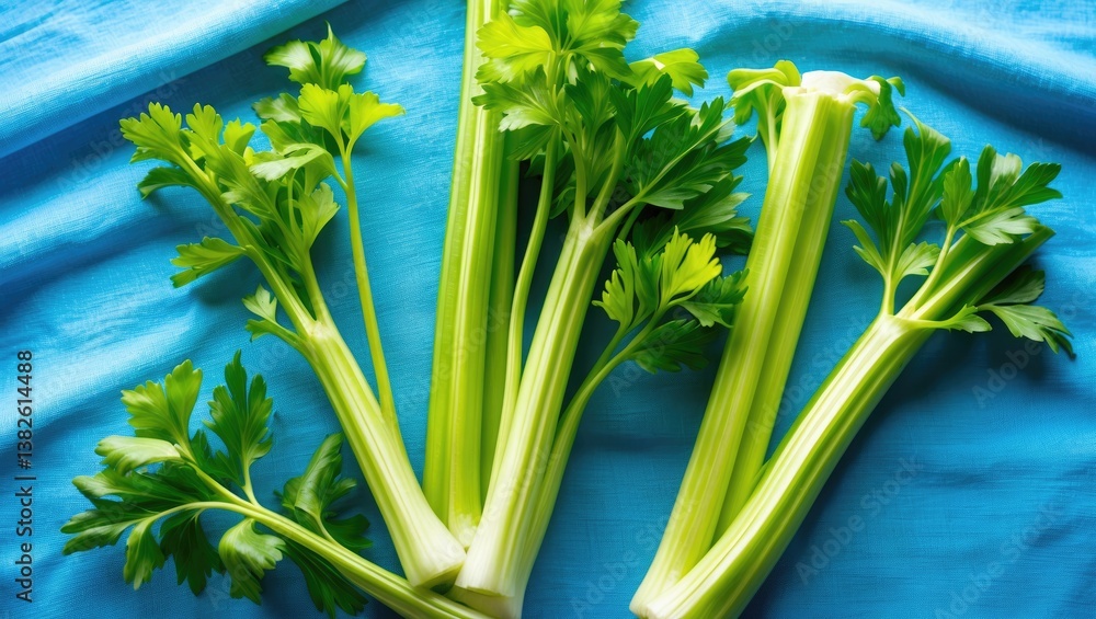 Poster fresh celery displayed on a blue table background with available space for text, emphasizing its ant