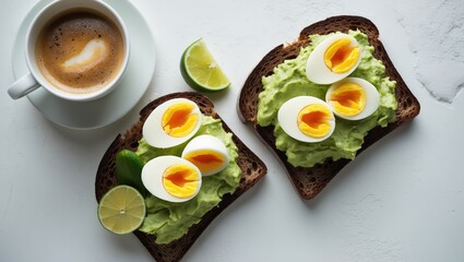 Food photography of a sandwich made with rye bread, eggs, avocado, cress salad, alongside tea, coffee, milk, lime, and toast for breakfast, focusing on dieting.