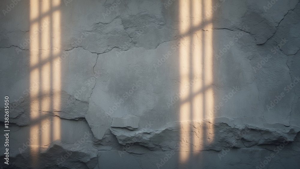 Poster empty gray wall featuring modern plaster and shadows with rays of light foliage, providing a backdro