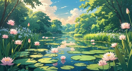 A tranquil pond with lily pads and blooming flowers on a sunny spring afternoon anime cartoon style illustration artwork design background