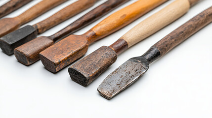 Old woodworking tools arranged in row, showcasing various mallets and chisels with wooden handles and worn surfaces, reflecting craftsmanship