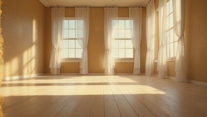 Obraz premium Empty wooden floor close-up with ceiling and doors in the room reflecting light.