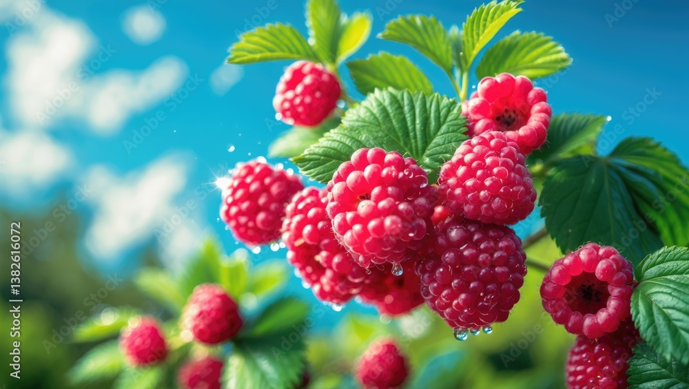 Poster raspberry growing on a branch.