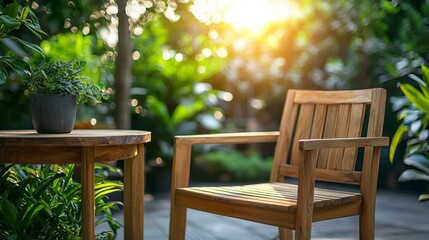 Obraz premium In the heart of a serene, sun-drenched natural setting, a handcrafted wooden chair stands as a testament to minimalist design and tranquil living The chair's simple elegance is accentuated by the