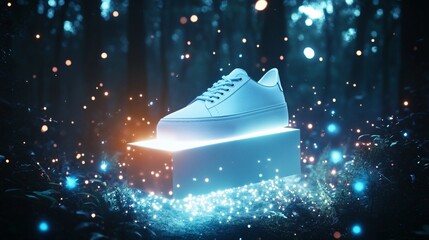 Futuristic White Shoe Displayed on a Glowing Pedestal in Nature