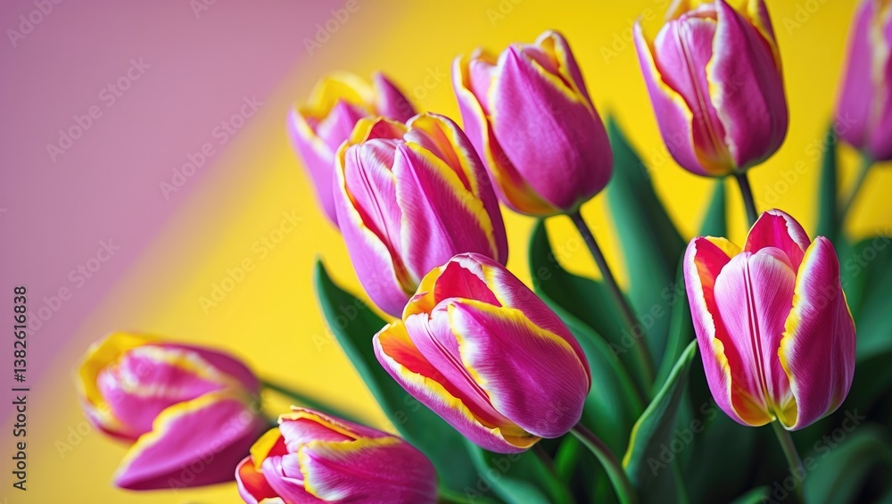 Poster close-up flat lay of beautiful red and yellow tulips on a vivid background. top view with empty spac