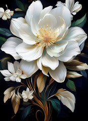 beautiful white peonies with a black background, art illustration