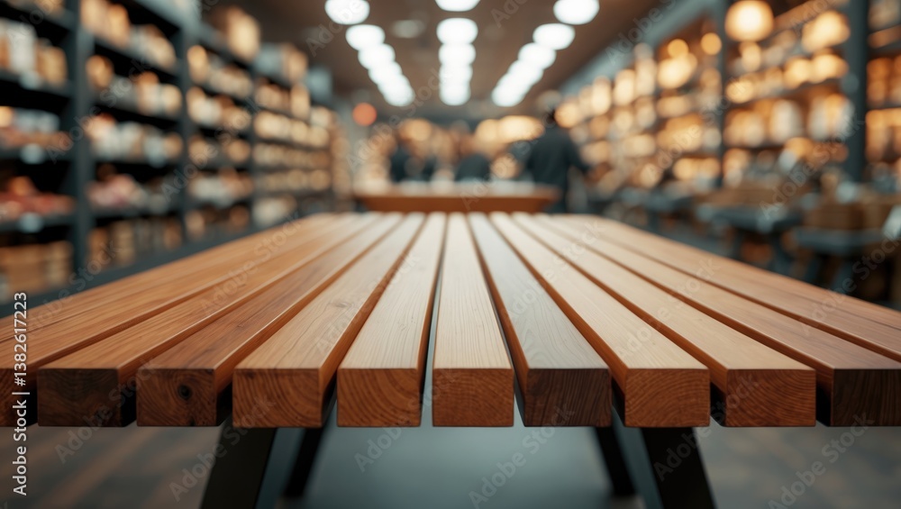 Poster empty wooden table surface with a blurred background for product presentation.