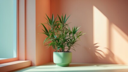 Decorative palm in a contemporary flower pot illuminated by sunlight against a wall backdrop. The plant's leaf shadows on the wall. Home gardening concept. Selective focus.