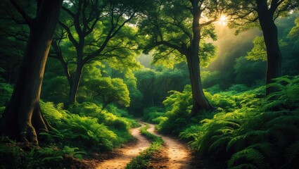 Obraz premium An enhanced hiking trail meanders through the woods.