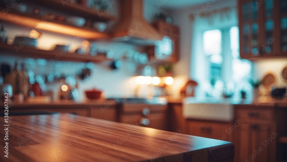 Poster empty wooden table in front of a kitchen with a blurred background, creating a warm mood. modern min
