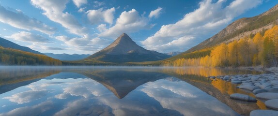 Pyramid Mountain and white clouds mirrored on the calm surface of Lake. A sunny morning in the Rocky Mountains.