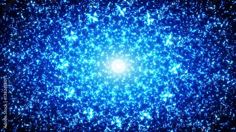 Poster abstract fractal energetic sphere of particles. a chaotic tangle of blue rotating glow particles. me