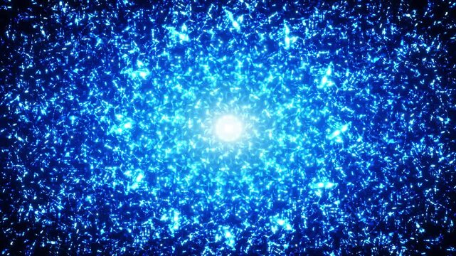 Abstract fractal energetic sphere of particles. A chaotic tangle of blue rotating glow particles. meditation, psychedelics, hypnosis
