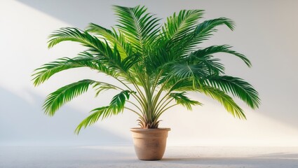 Areca Palm tree as a decorative plant in a pot. Large green palm tree in a flowerpot on the floor. Concept of houseplant care and gardening in an interior design room.