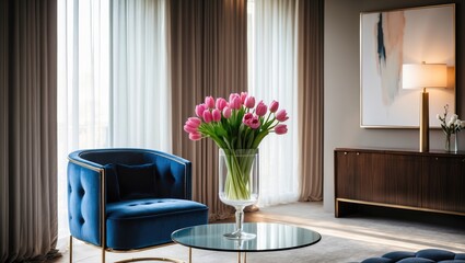 Fototapeta premium Real image of a blue chair positioned on a rug within a spacious interior living room featuring walls and wooden flooring adjacent to a shelf and a table.
