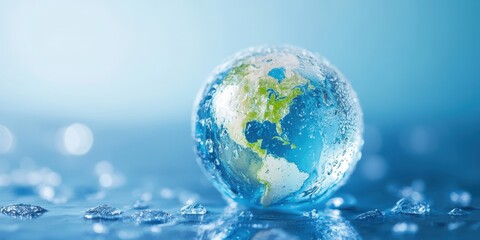 A crystal-clear globe reflecting Earth, surrounded by shimmering water droplets, symbolizing the beauty and fragility of our planet. global warming crisis, environmental activism