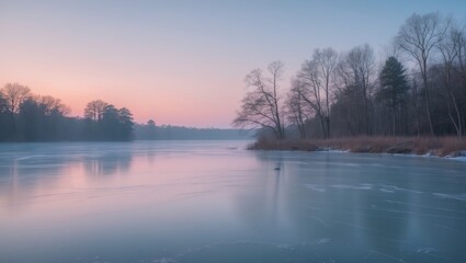 Obraz premium Calm lake water reflections of forest trees against a panoramic sky. Beautiful silence of morning dawn in early spring. Soft brightly colored sky panorama. Stunning nature landscape.