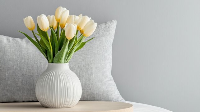 spring bedroom decor, a minimalist bedroom with soft linens, fresh tulips, and natural wood accents exuding spring vibes