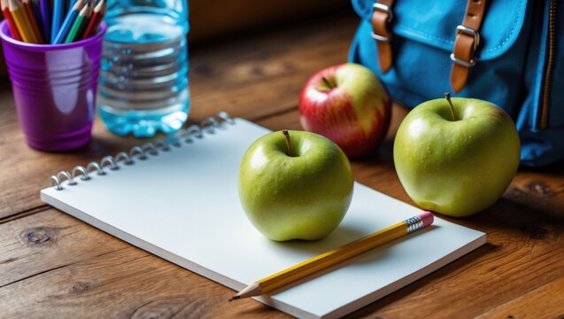 Apples placed alongside stationery, a water bottle, and a backpack on a desk in a classroom, closeup.