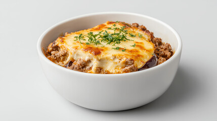 Delicious baked dish with layers of meat, cheese, and eggplant, topped with fresh herbs, perfect for comforting meal