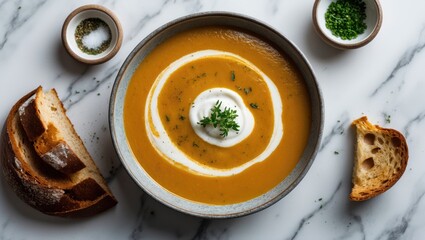 Pumpkin traditional soup featuring a creamy, silky texture. Marble backdrop. Empty space for text. Bird's-eye view.